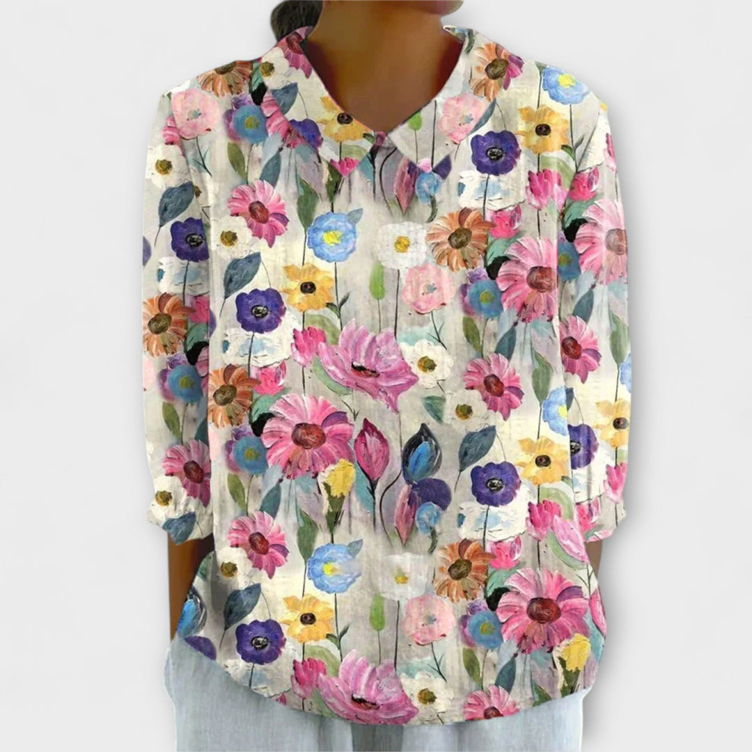 Kelly - Vintage Blumen Baumwoll-Leinen Bluse