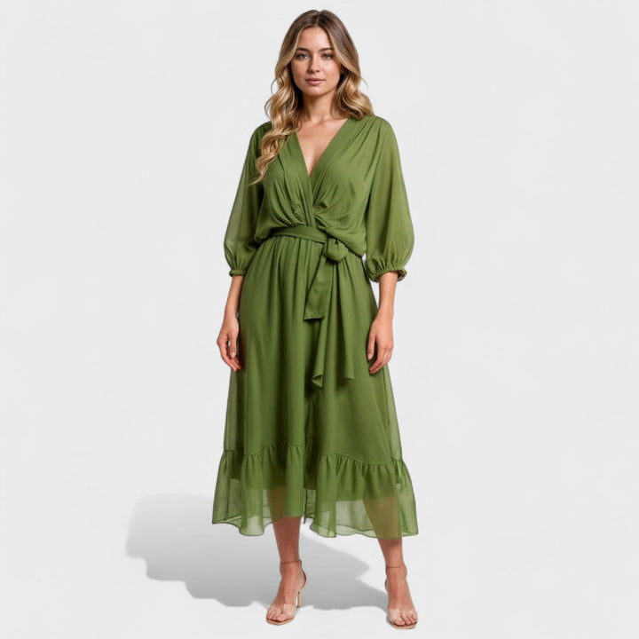 Olivgrüne Kleid – Elegantes Wickel-Midi-Kleid