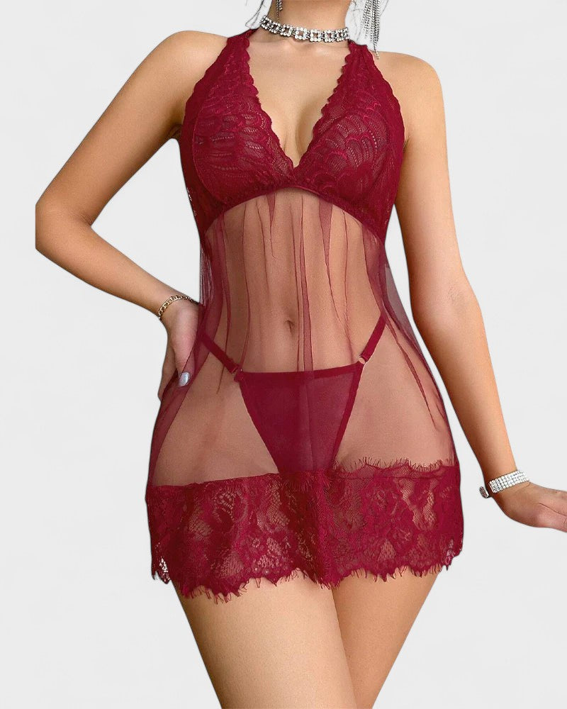 Anežka | Blumige blonde Halter Babydoll mit Tanga