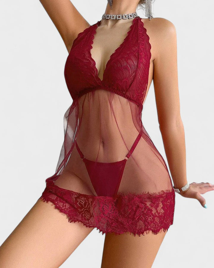 Anežka | Blumige blonde Halter Babydoll mit Tanga