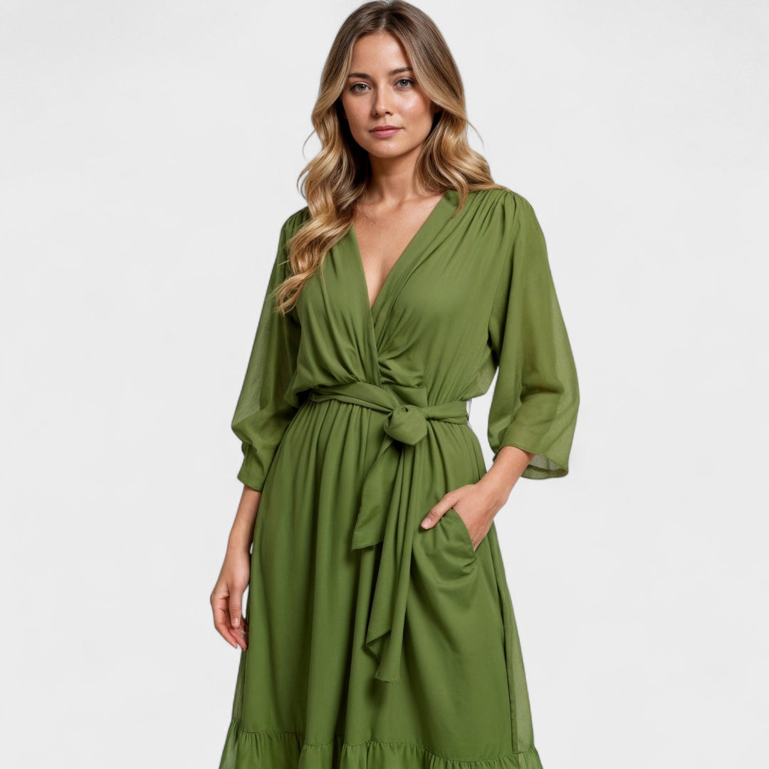 Olivgrüne Kleid – Elegantes Wickel-Midi-Kleid