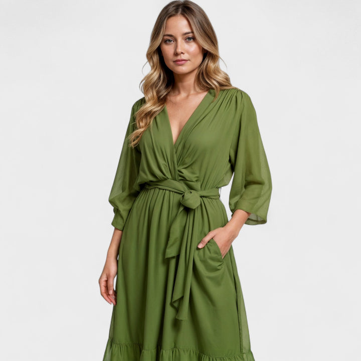 Olivgrüne Kleid – Elegantes Wickel-Midi-Kleid