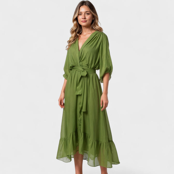 Olivgrüne Kleid – Elegantes Wickel-Midi-Kleid